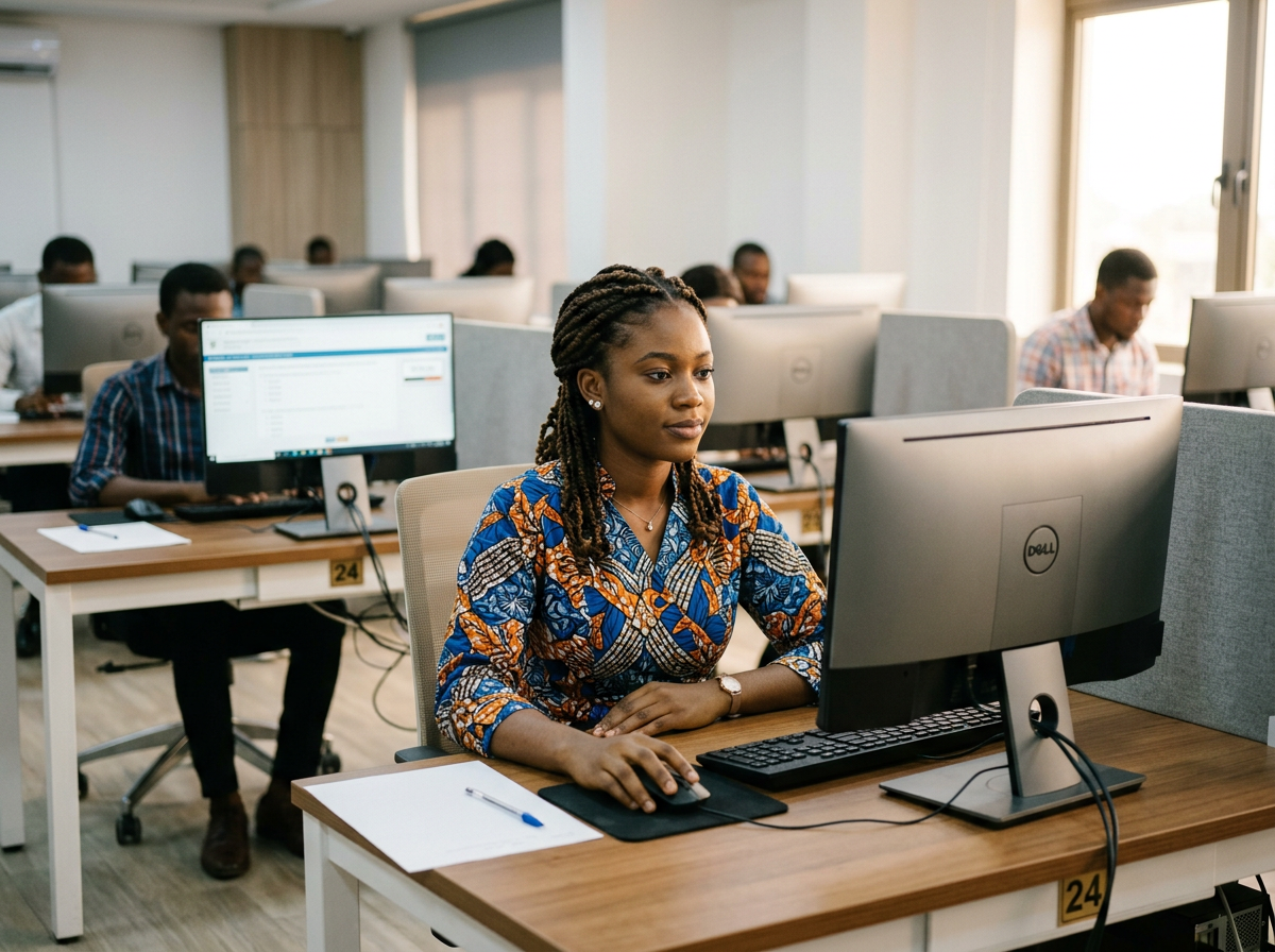 Candidate working at a computer in a modern testing environment